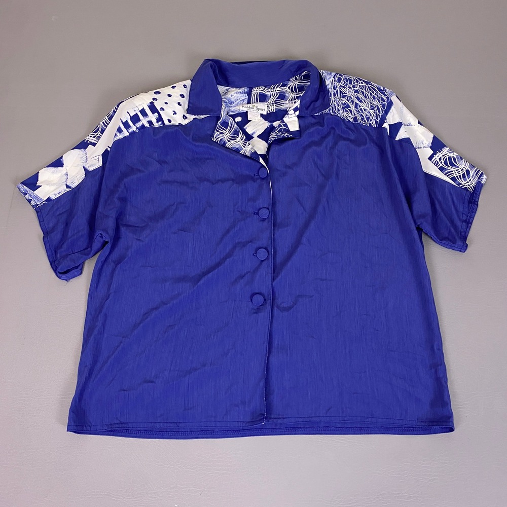 Vintage Robbie Sport Button Up Top Size 16 90s Blue Abstract Print‎ Short Sleeve